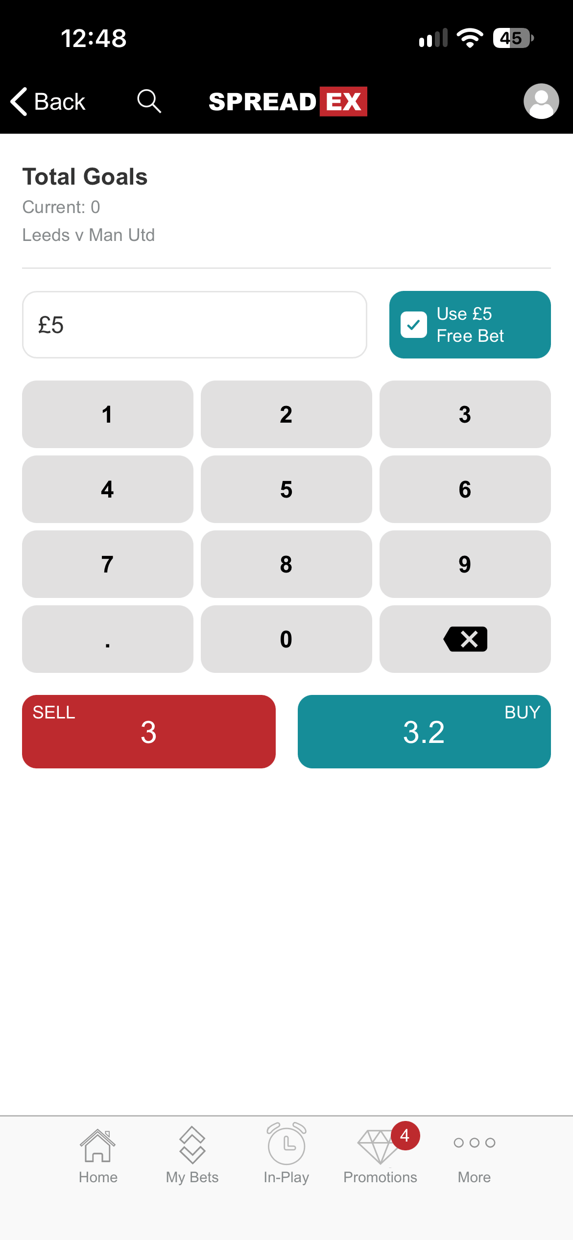 Screenshot 2: Selecting 'Use free bet' on the Spreadex bet slip for a Total Goals spread bet.