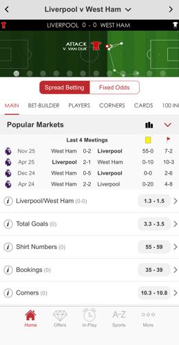 Screenshot 2: In-play betting on the Spreadex Sports app.